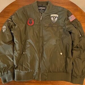 Express Men's Olive Bomber Jacket with Patches